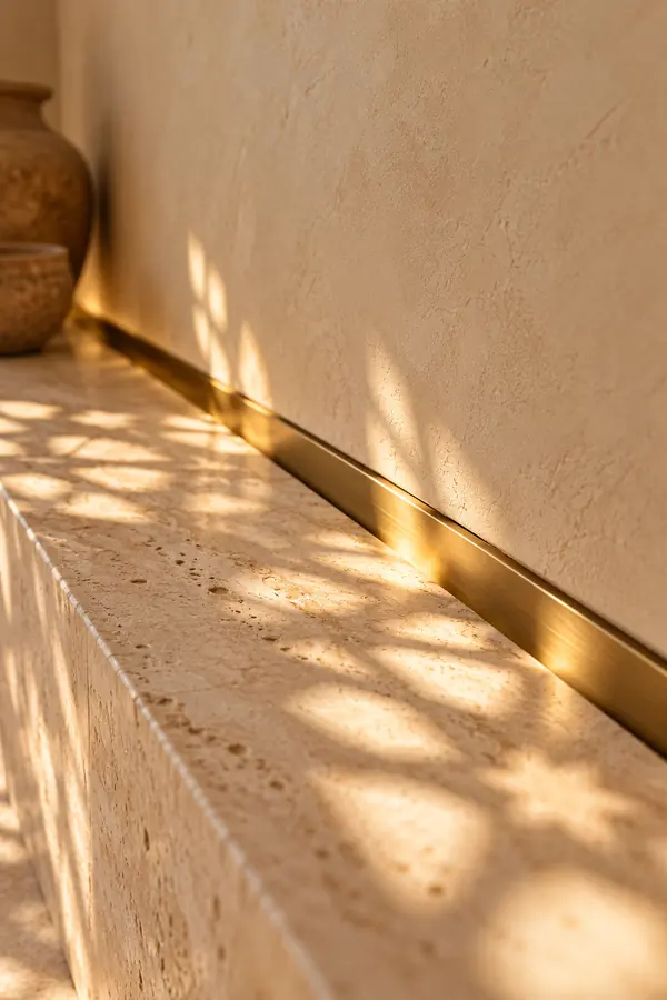 Close-up of a brass inlay meeting a travertine ledge in patterned light.