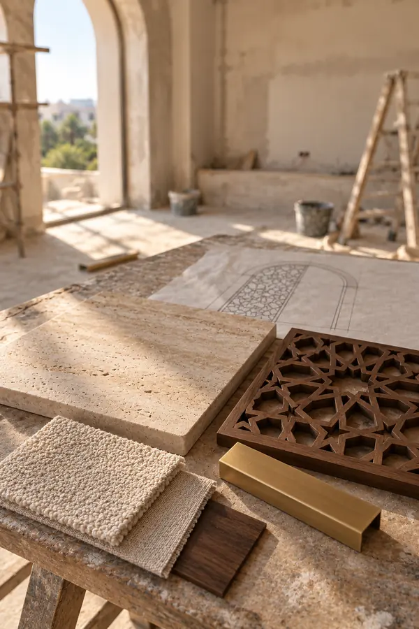 Travertine, a carved wood screen sample and a brass profile laid out on a work table on site.