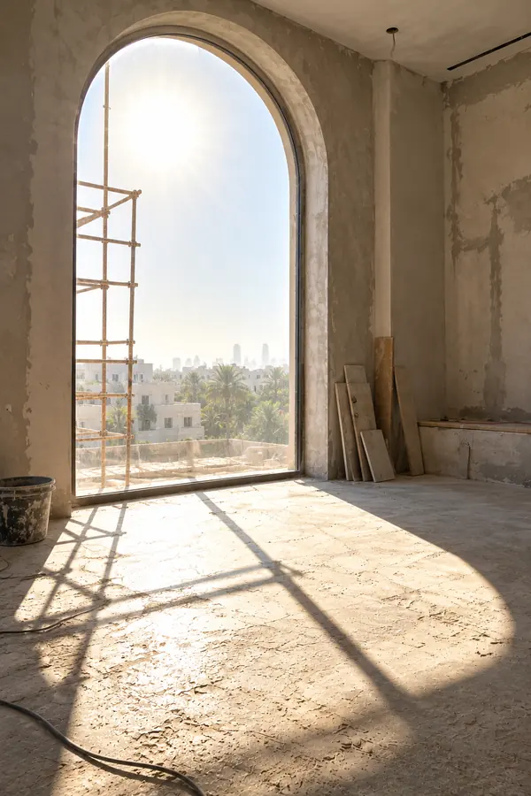 Harsh sun pouring through a tall arched window onto an unfinished floor.