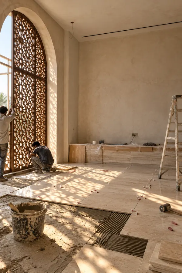 A craftsman fitting the carved screen while the floor is being laid.